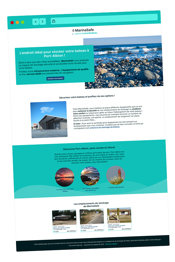Exemple de landing page proposée avec l'offre pro Jestockemonbateau !